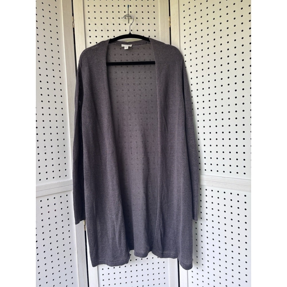 J. Jill Cardigan Women's Sz M Gray Linen Blend Open Front Knit Longline Sweater